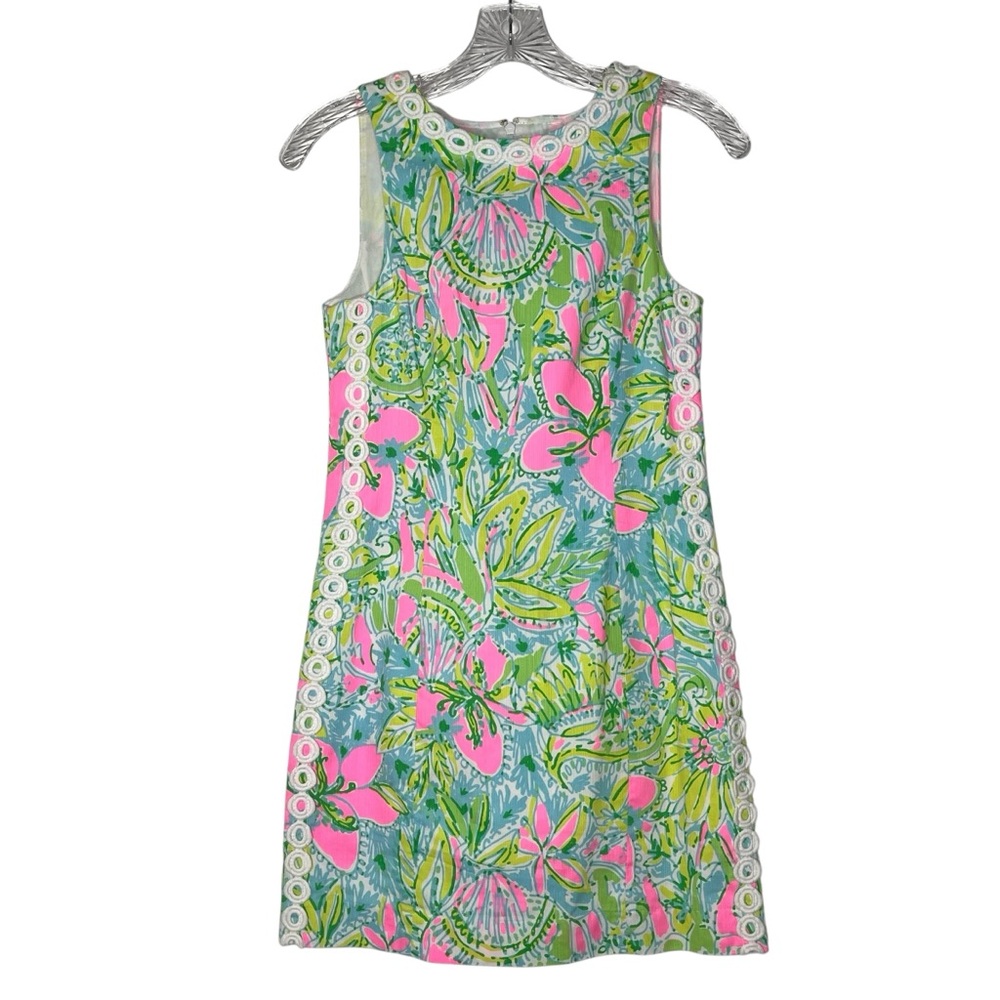 Lilly Pulitzer Mila Green Pink Floral Crochet Trim Shift Mini Dress Size 00